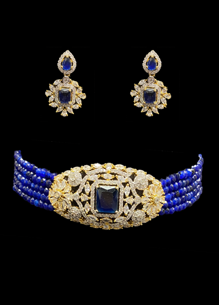 Sapphire Diamond Choker Set/ AD Stones N Blue Stones Necklace 