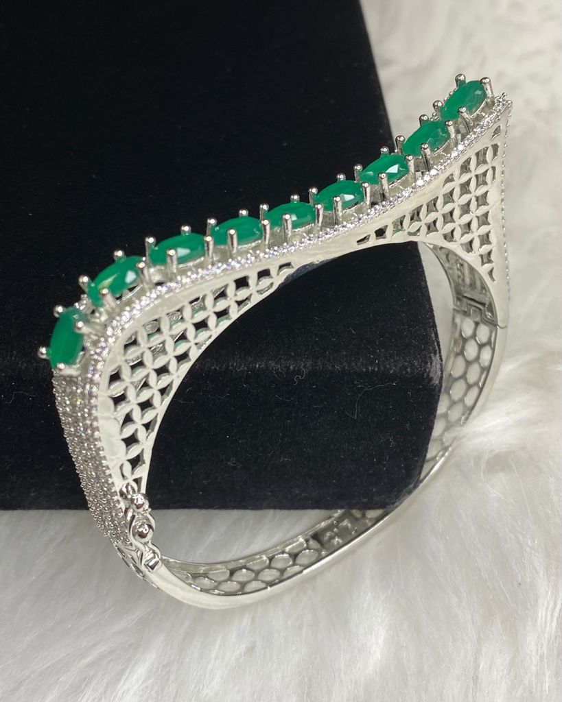 Silver Plated Green Dark Stone Bangle Size 2.4 Openable Evening Cocktail Imitation Jewelry Indian Wedding Bridal Necklace Set Bijoux