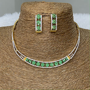  Gold Plated Dark Green CZ Cubic Zirconia Artificial American Diamond Indian Wedding Bridal Necklace Earrings set Handmade Bijoux