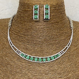  Silver Plated Dark Green CZ Cubic Zirconia Artificial American Diamond Indian Wedding Bridal Necklace Earrings set Handmade Bijoux