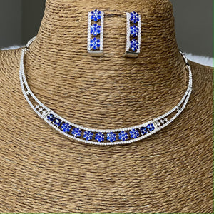  Silver Plated Blue Sapphire CZ Cubic Zirconia Designer Artificial American Diamond Indian Wedding Bridal Necklace Handmade Bijoux