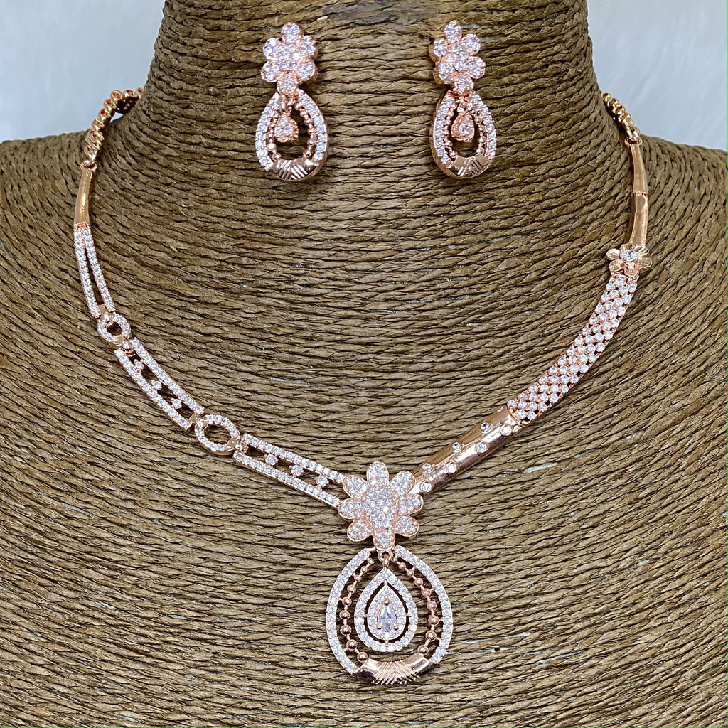 Rose Gold Plated Clear Designer CZ Cubic Zirconia Artificial American Diamond Indian Wedding Bridal Necklace Earrings Handmade Bijoux