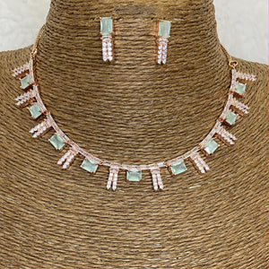  Rose Gold Plated Mint Green CZ Cubic Zirconia Artificial American Diamond Indian Wedding Bridal Necklace Earrings set Handmade Bijoux