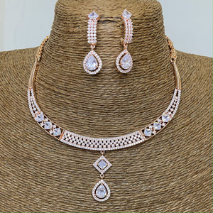 Rose Gold Plated Clear Designer CZ Cubic Zirconia Artificial American Diamond Indian Wedding Bridal Necklace Earrings Handmade Bijoux