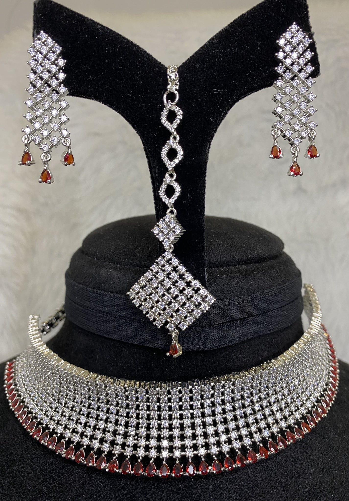  Silver Plated Ruby Red CZ Cubic Zirconia Designer American Diamond Indian Wedding Bridal Necklace Tikka Handmade Bijoux