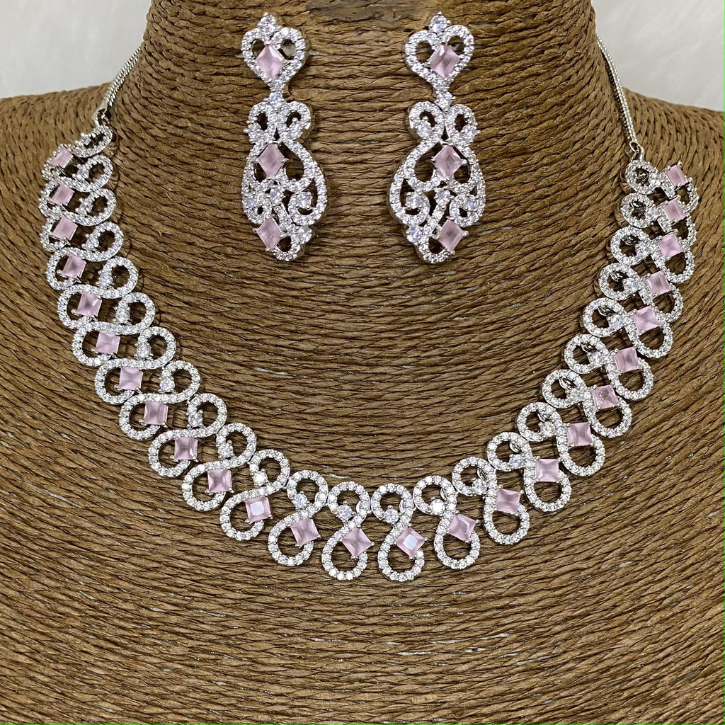 Silver Plated Pink CZ Cubic Zirconia Artificial American Diamond Indian Wedding Bridal Necklace Earrings set Handmade Bijoux