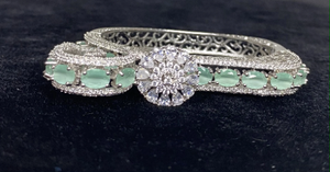  Silver Plated Mint Green Stone Bangle Size 2.2 Openable Evening Cocktail Imitation Jewelry Indian Wedding Bridal Necklace Set Bijoux