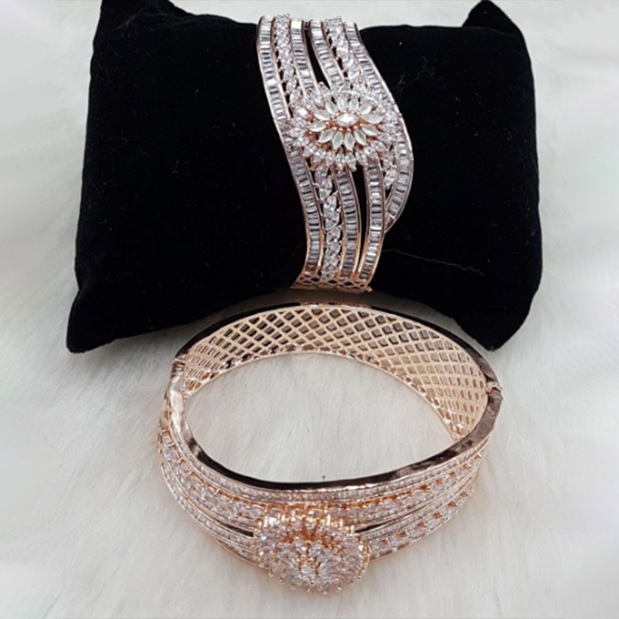 Rose Gold Plated Mint Green Cubic Zirconia Bangle Size 2.8 Evening Cocktail Crystal Cuff Bracelet Kada studded with Emerald Stones Wedding Bridal