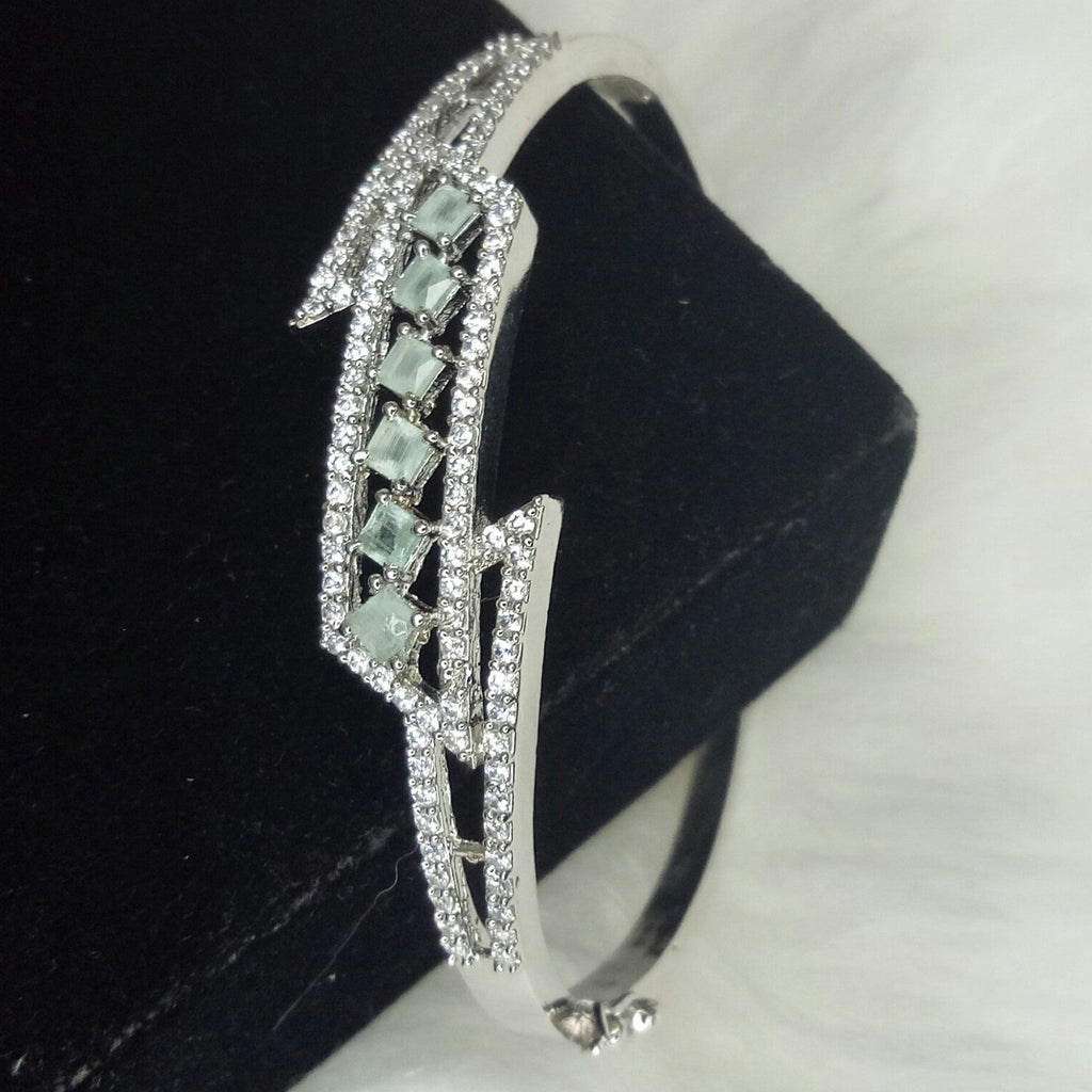 Silver Plated Mint Green CZ Cubic Zirconia Bangle Size 2.4 Evening Cocktail Imitation Jewelry Indian Wedding Bridal Necklace Set