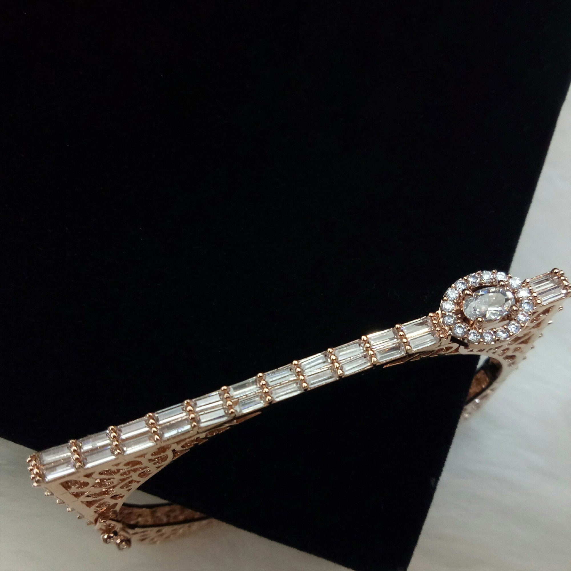 Rose Gold Plated Clear CZ Cubic Zirconia Bangle Size 2.4 Evening Cocktail Imitation Jewelry Indian Wedding Bridal Necklace Set