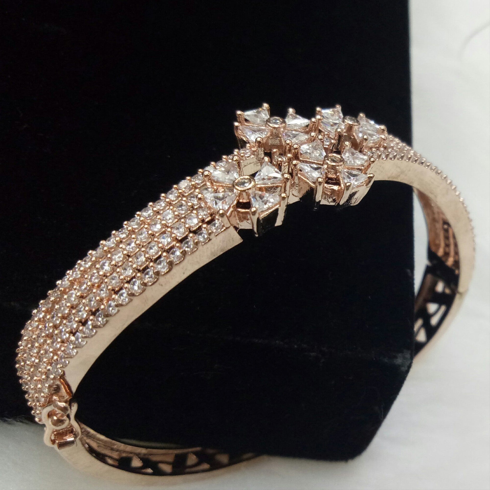 Rose Gold Plated Clear CZ Cubic Zirconia Bangle Size 2.4 Evening Cocktail Imitation Jewelry Indian Wedding Bridal Necklace Set