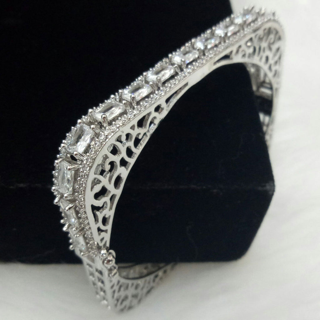Silver Plated Clear CZ Cubic Zirconia Bangle Size 2.4 Evening Cocktail Imitation Jewelry Indian Wedding Bridal Necklace Set Bijoux