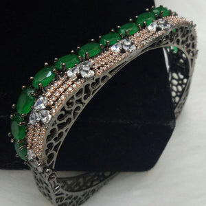 Antique Silver Plated Dark Green CZ Cubic Zirconia Bangle Size 2.4 Evening Cocktail Imitation Jewelry Indian Wedding Bridal Necklace Set
