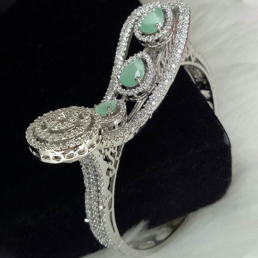 Silver Plated Mint Green CZ Cubic Zirconia Bangle Size 2.4 Evening Cocktail Imitation Jewelry Indian Wedding Bridal Necklace Set