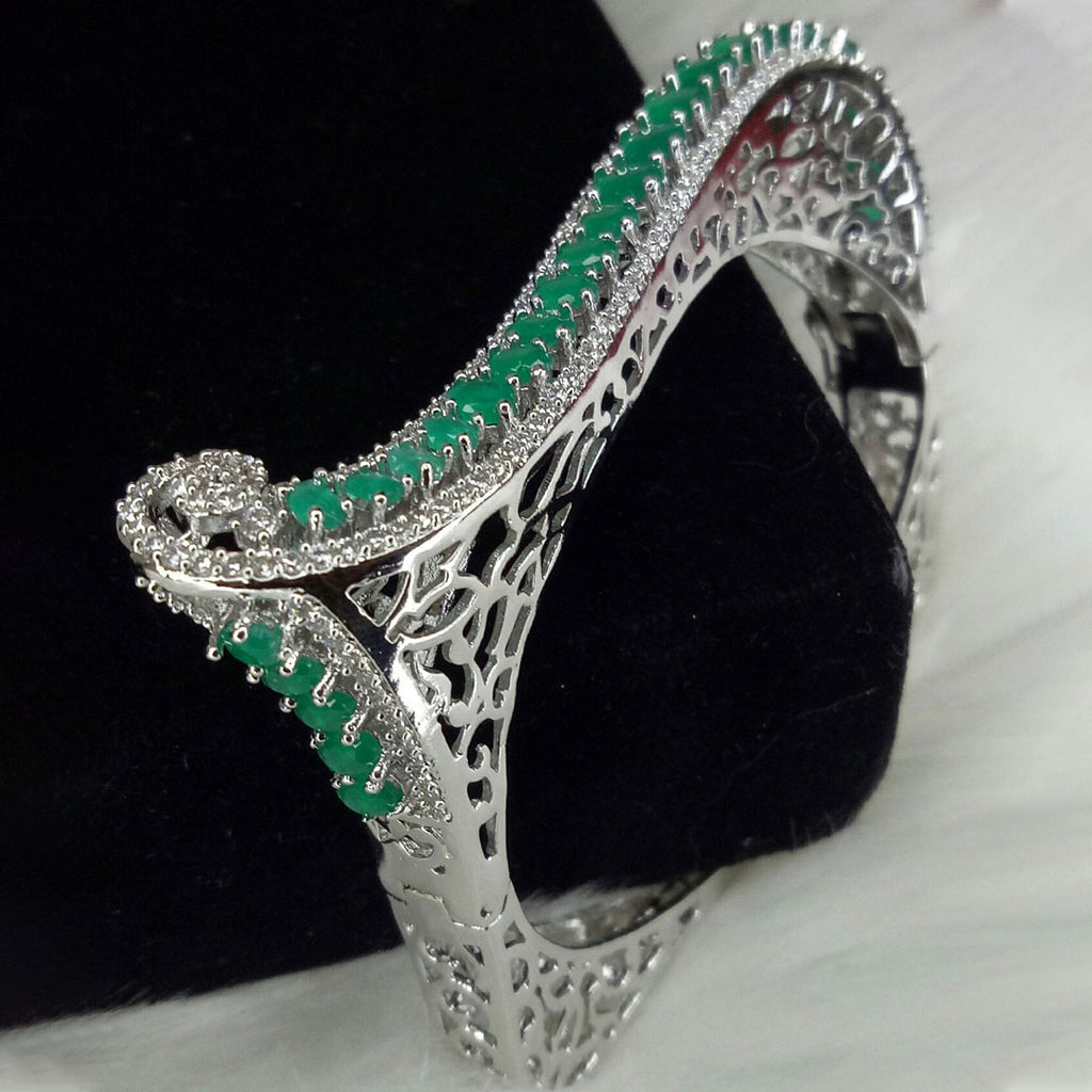 Silver Plated Dark Green CZ Cubic Zirconia Bangle Size 2.4 Evening Cocktail Imitation Jewelry Indian Wedding Bridal Necklace Set