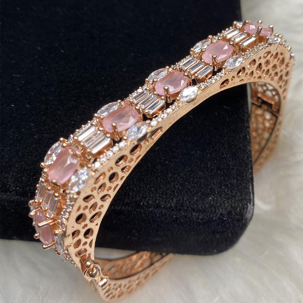 Rose Gold Plated Pink Stone Bangle Size 2.2 Openable Evening Cocktail Imitation Jewelry Indian Wedding Bridal Necklace Set Bijoux