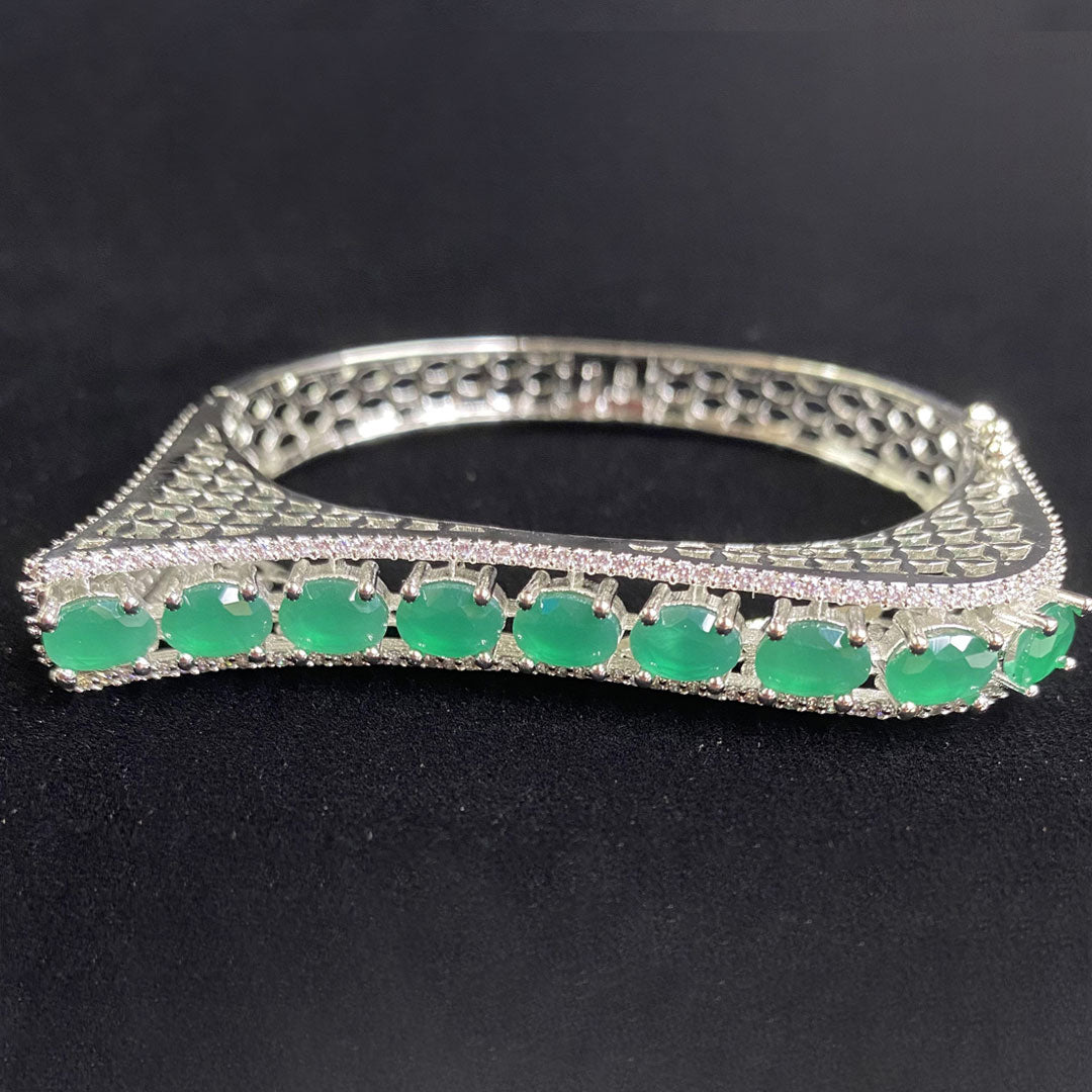 Silver Plated Green Dark Stone Bangle Size 2.4 Openable Evening Cocktail Imitation Jewelry Indian Wedding Bridal Necklace Set Bijoux