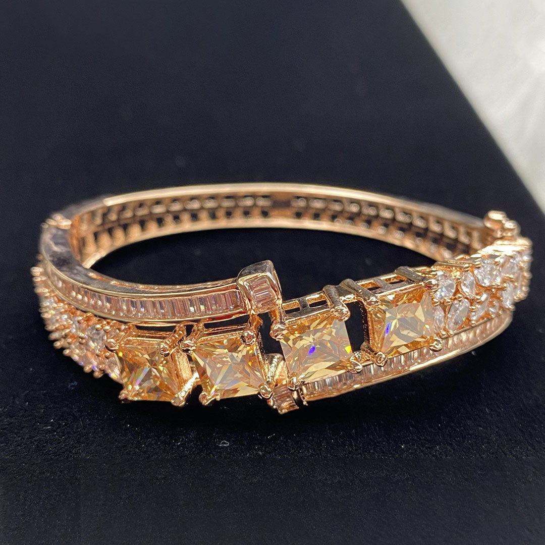 Rose Gold Plated Citrine Champagne Stone Bangle Size 2.2 Openable Evening Cocktail Imitation Jewelry Indian Wedding Bridal Necklace Set Bijoux