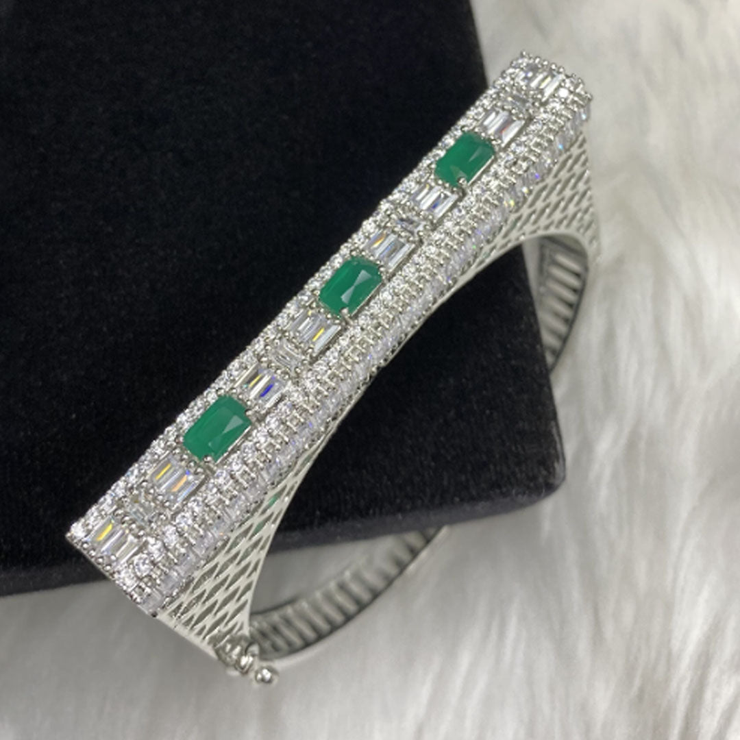 Silver Plated Dark Green Stone Bangle Size 2.4 Openable Evening Cocktail Imitation Jewelry Indian Wedding Bridal Necklace Set Bijoux