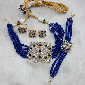 Gold Sapphire Blue Beaded Indian Wedding Choker Mani Necklace Set Art nouveau Artificial Diamond CZ Cubic Zirconia Kundan Bijoux Wedding Bridal