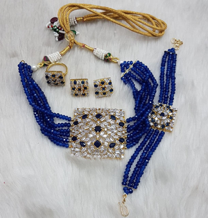 Gold Sapphire Blue Beaded Indian Wedding Choker Mani Necklace Set Art nouveau Artificial Diamond CZ Cubic Zirconia Kundan Bijoux Wedding Bridal