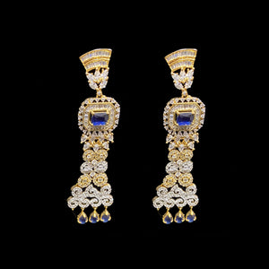 Stylish Gold Plated Designer Sapphire Blue American Diamond Cubic Zirconia CZ Indian Wedding Bridal Earrings Evening Cocktail