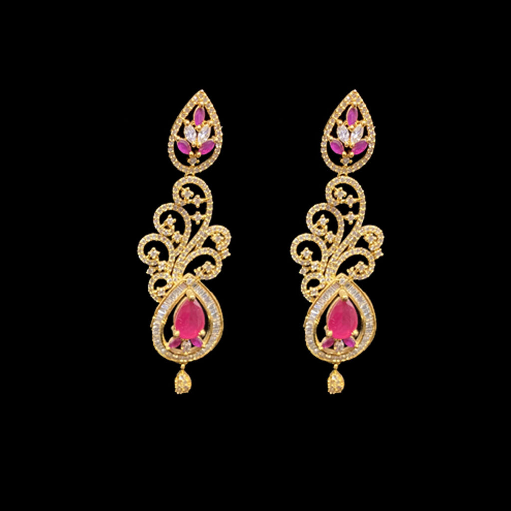 Stylish Gold Plated Designer Ruby Red Jhumka American Diamond Cubic Zirconia CZ Indian Wedding Bridal Earrings Evening Cocktail