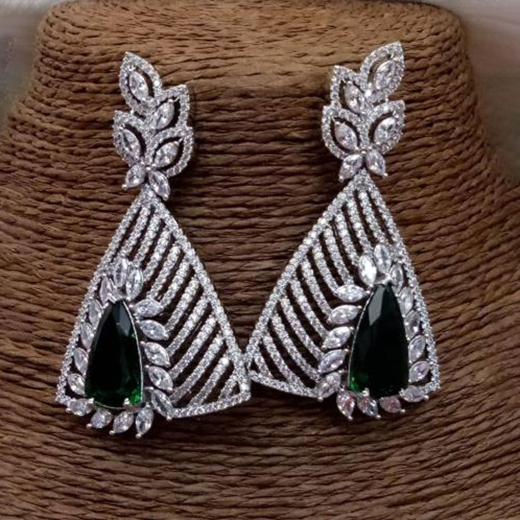 Stylish Silver Plated Designer Dark Green American Diamond Cubic Zirconia CZ Indian Wedding Bridal Earrings Evening Cocktail