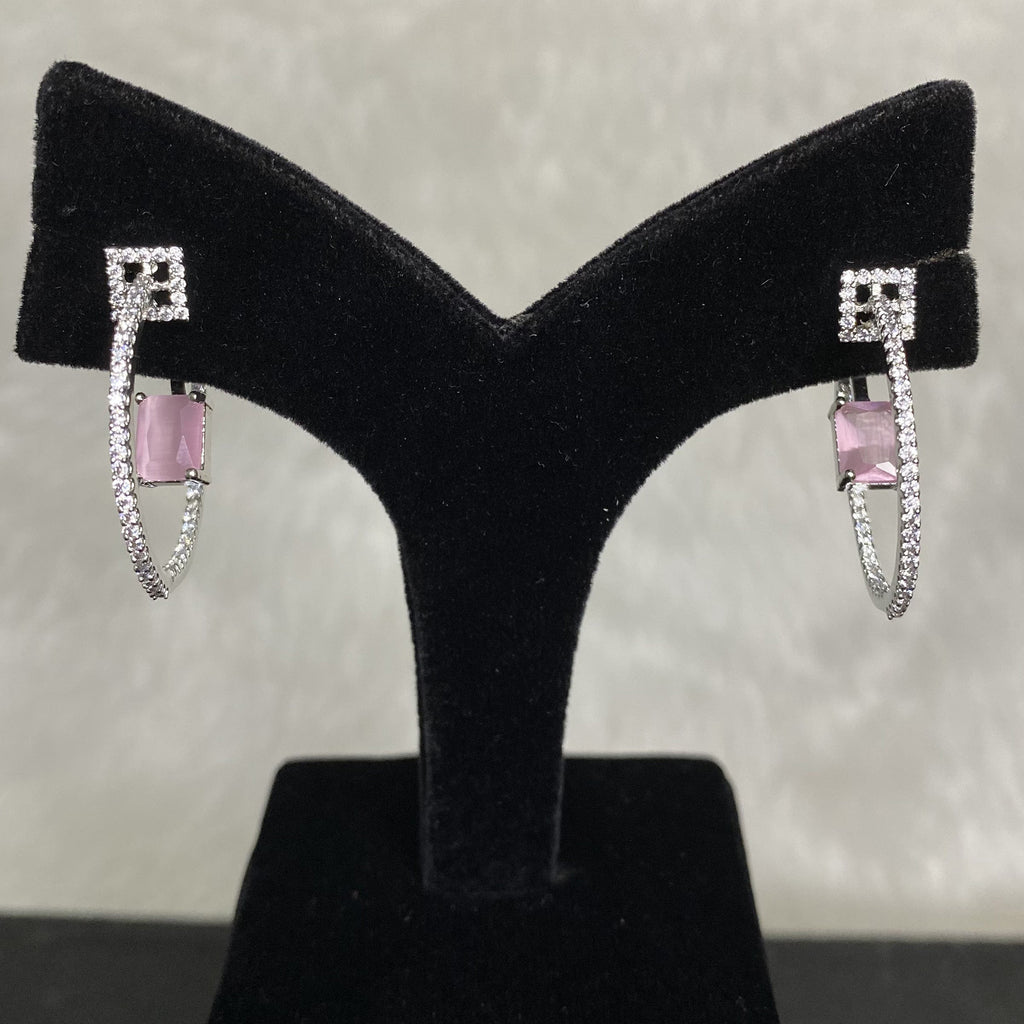 Stylish Silver Plated Designer Pink American Diamond Cubic Zirconia CZ Indian Wedding Bridal Earrings Evening Cocktail