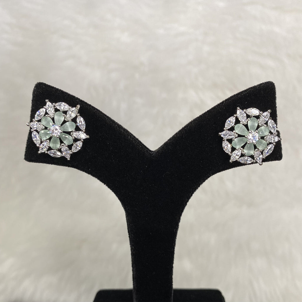 Stylish Silver Plated Designer Mint Green American Diamond Cubic Zirconia CZ Indian Wedding Bridal Earrings Evening Cocktail