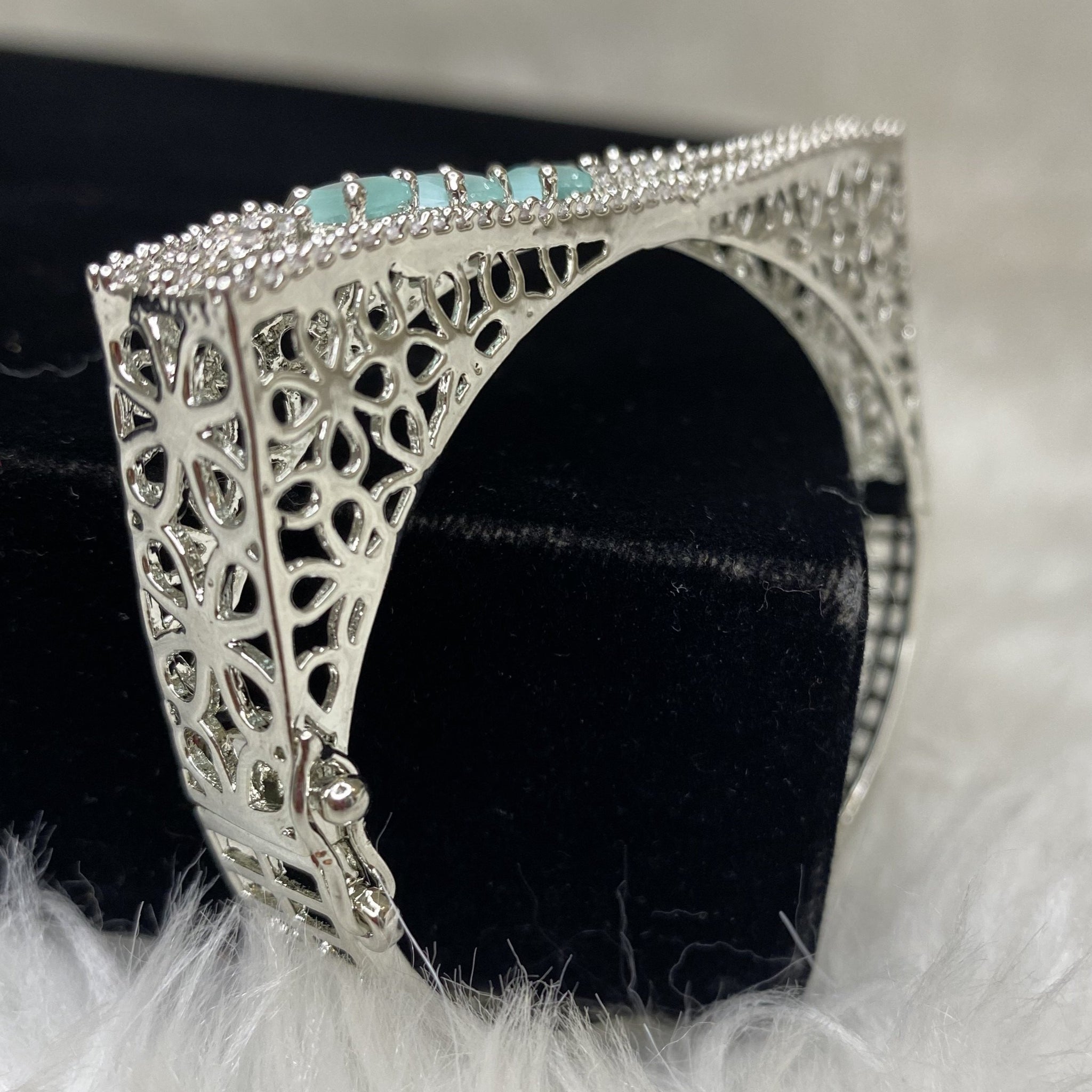 Silver Plated Mint Green CZ Cubic Zirconia Bangle Size 2.4 Evening Cocktail Imitation Jewelry Indian Wedding Bridal Necklace Set
