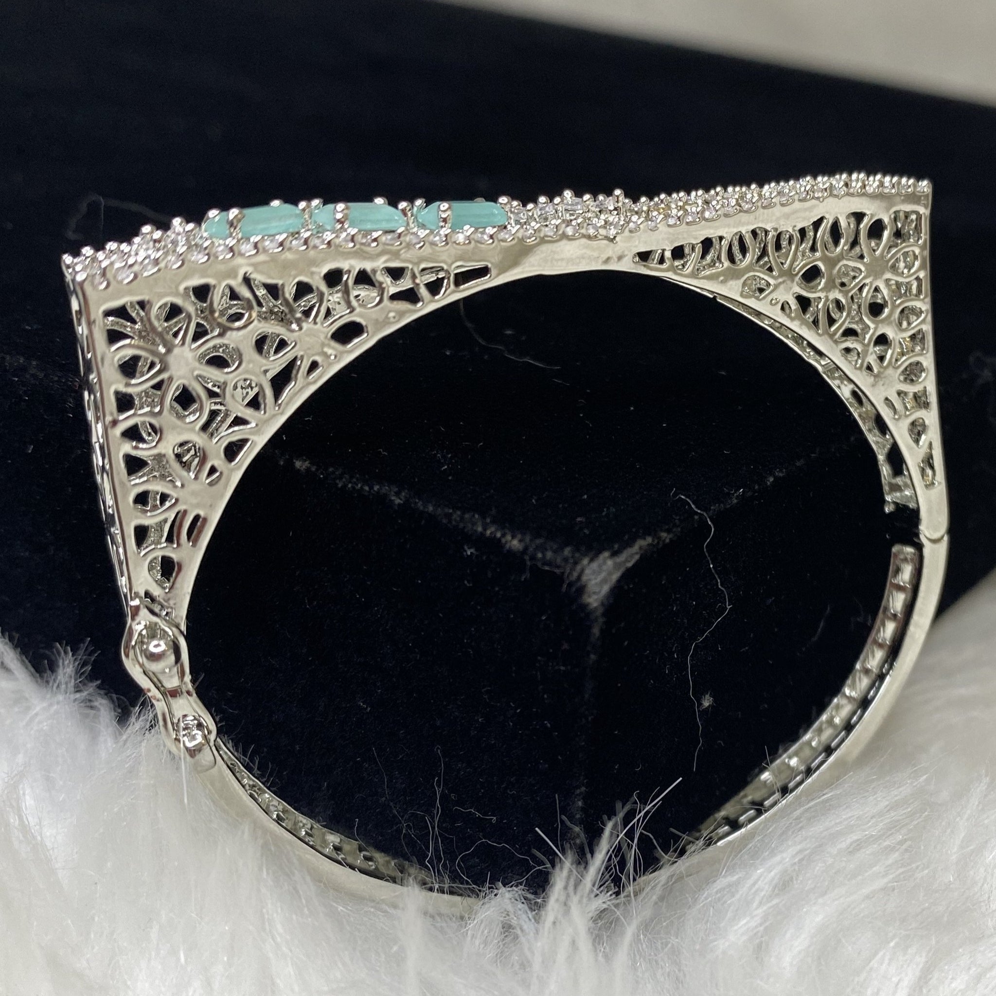Silver Plated Mint Green CZ Cubic Zirconia Bangle Size 2.4 Evening Cocktail Imitation Jewelry Indian Wedding Bridal Necklace Set