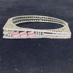 Silver Plated Pink CZ Cubic Zirconia Bangle Size 2.4 Evening Cocktail Imitation Jewelry Indian Wedding Bridal Necklace Set