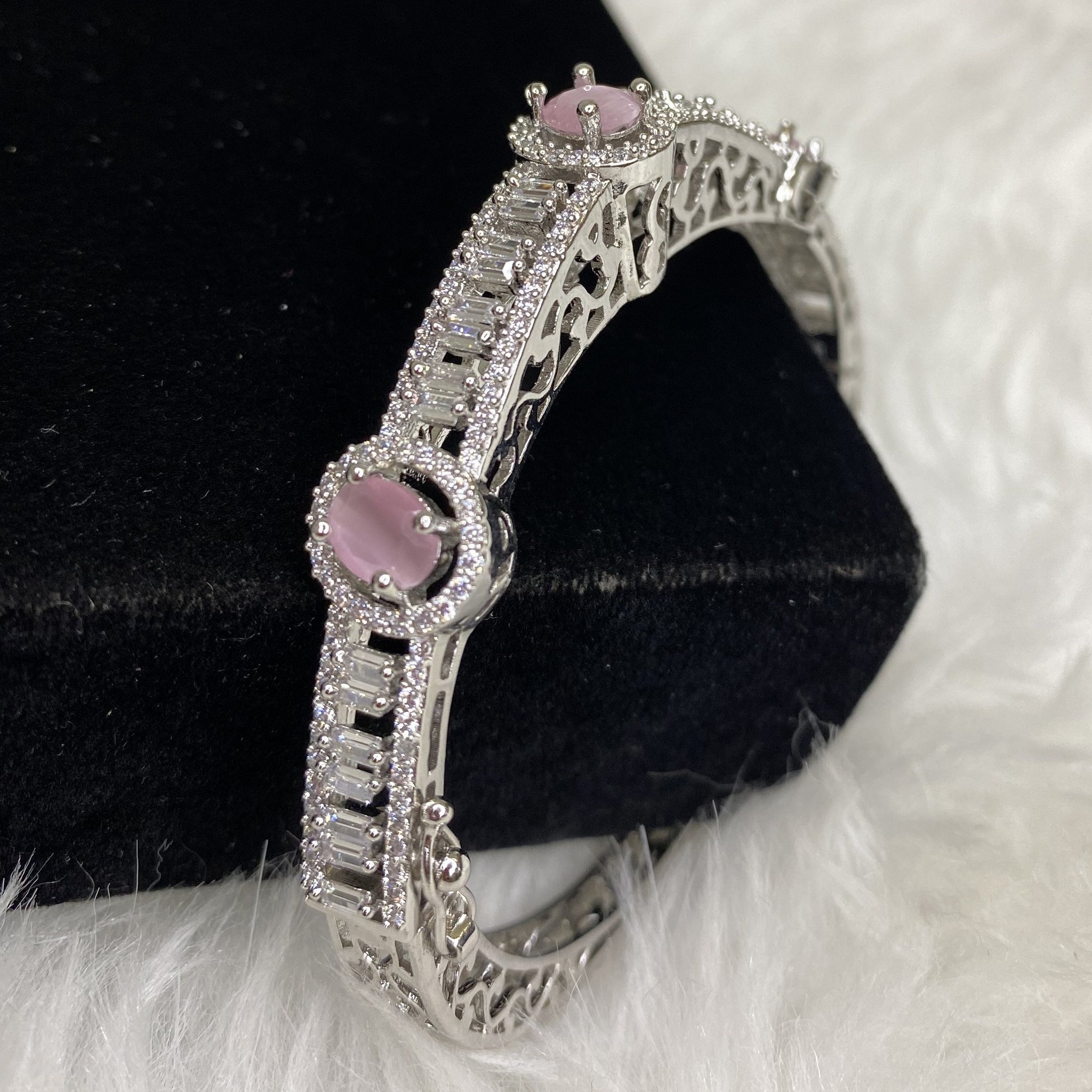 Silver Plated Pink CZ Cubic Zirconia Bangle Size 2.4 Evening Cocktail Imitation Jewelry Indian Wedding Bridal Necklace Set