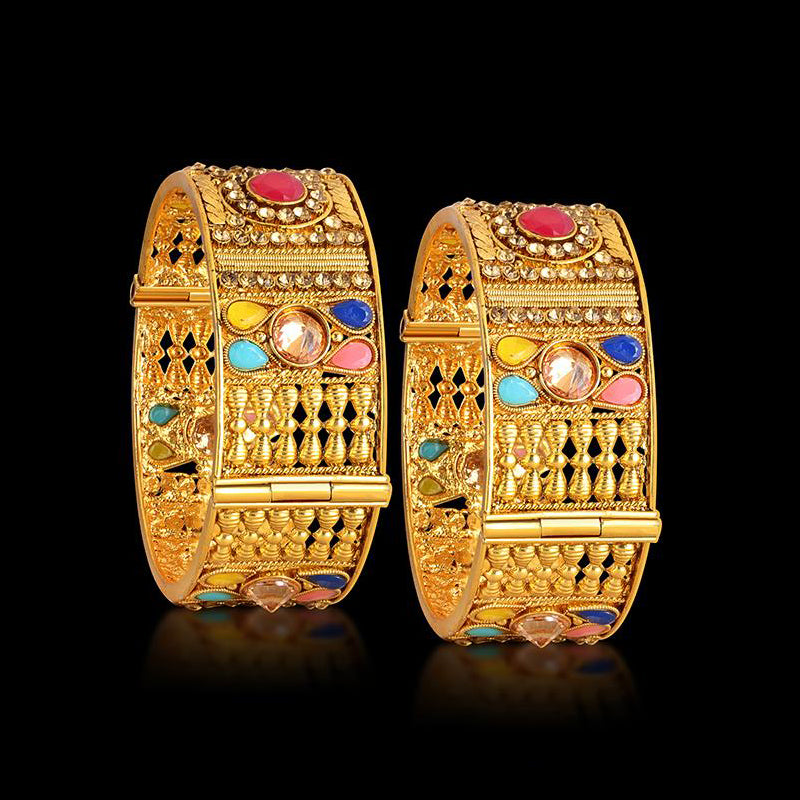 Gold Plated Multicolor Stone Bangle Size 2.6 Openable Evening Cocktail Imitation Jewelry Indian Wedding Bridal Necklace Set Bridal