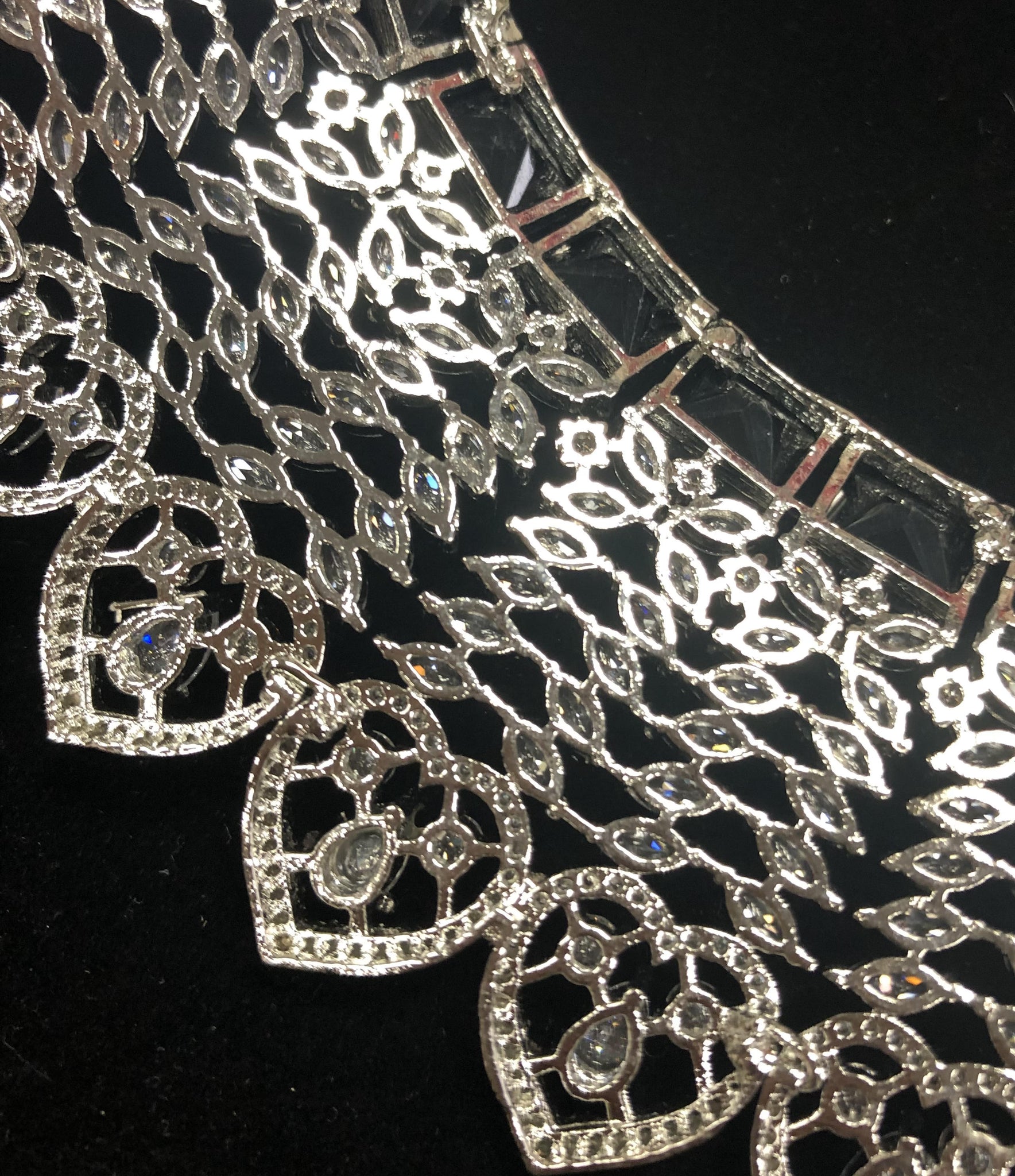 Silver Plated Black Onyx CZ Cubic Zirconia Designer Artificial American Diamond Indian Wedding Bridal Necklace Handmade Bijoux