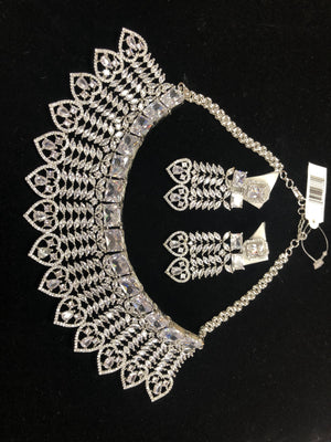 Silver Plated Clear White CZ Cubic Zirconia Designer Artificial American Diamond Indian Wedding Bridal Necklace Handmade Bijoux