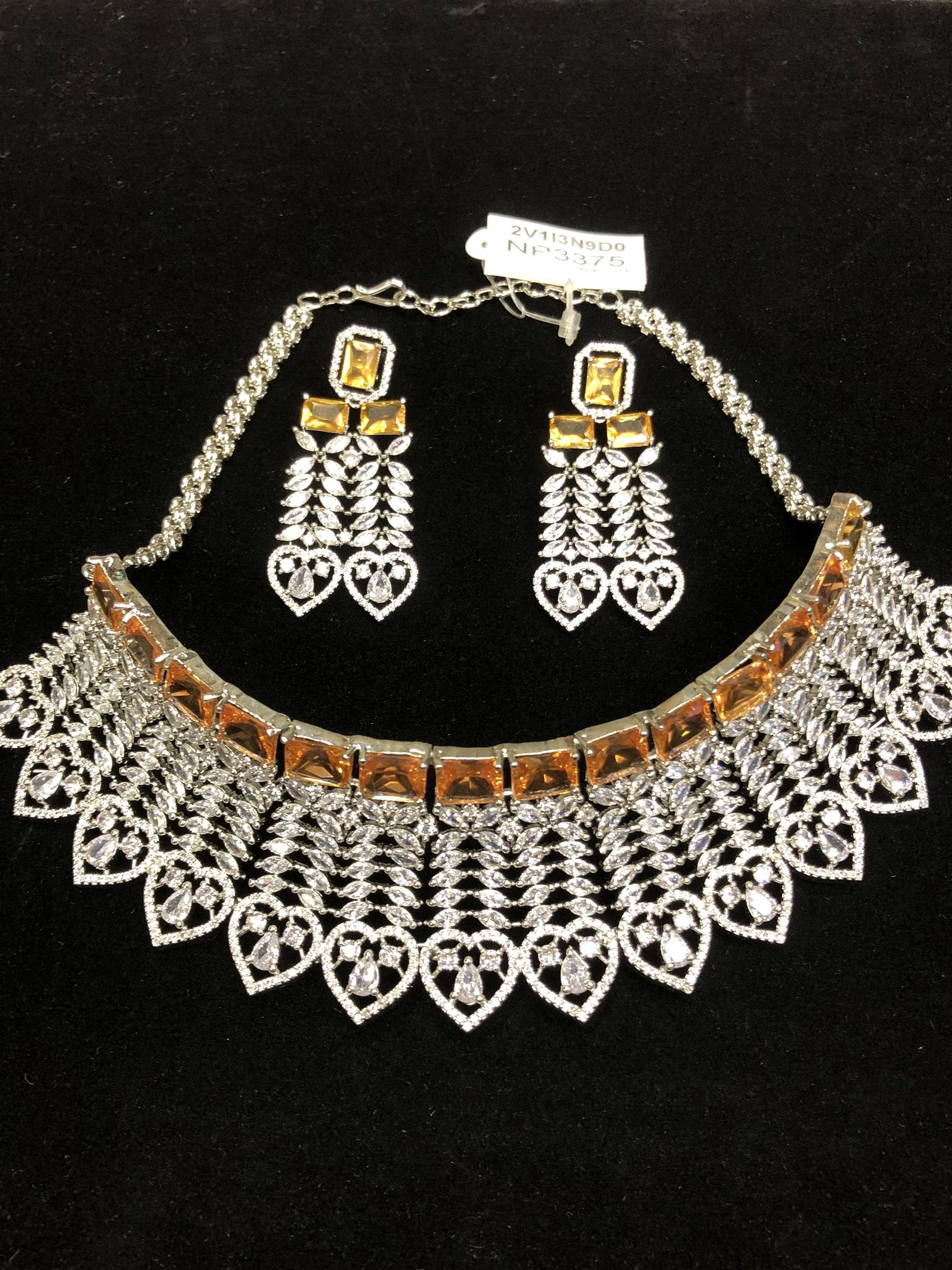 Silver Plated Citrine Orange CZ Cubic Zirconia Designer Artificial American Diamond Indian Wedding Bridal Necklace Handmade Bijoux