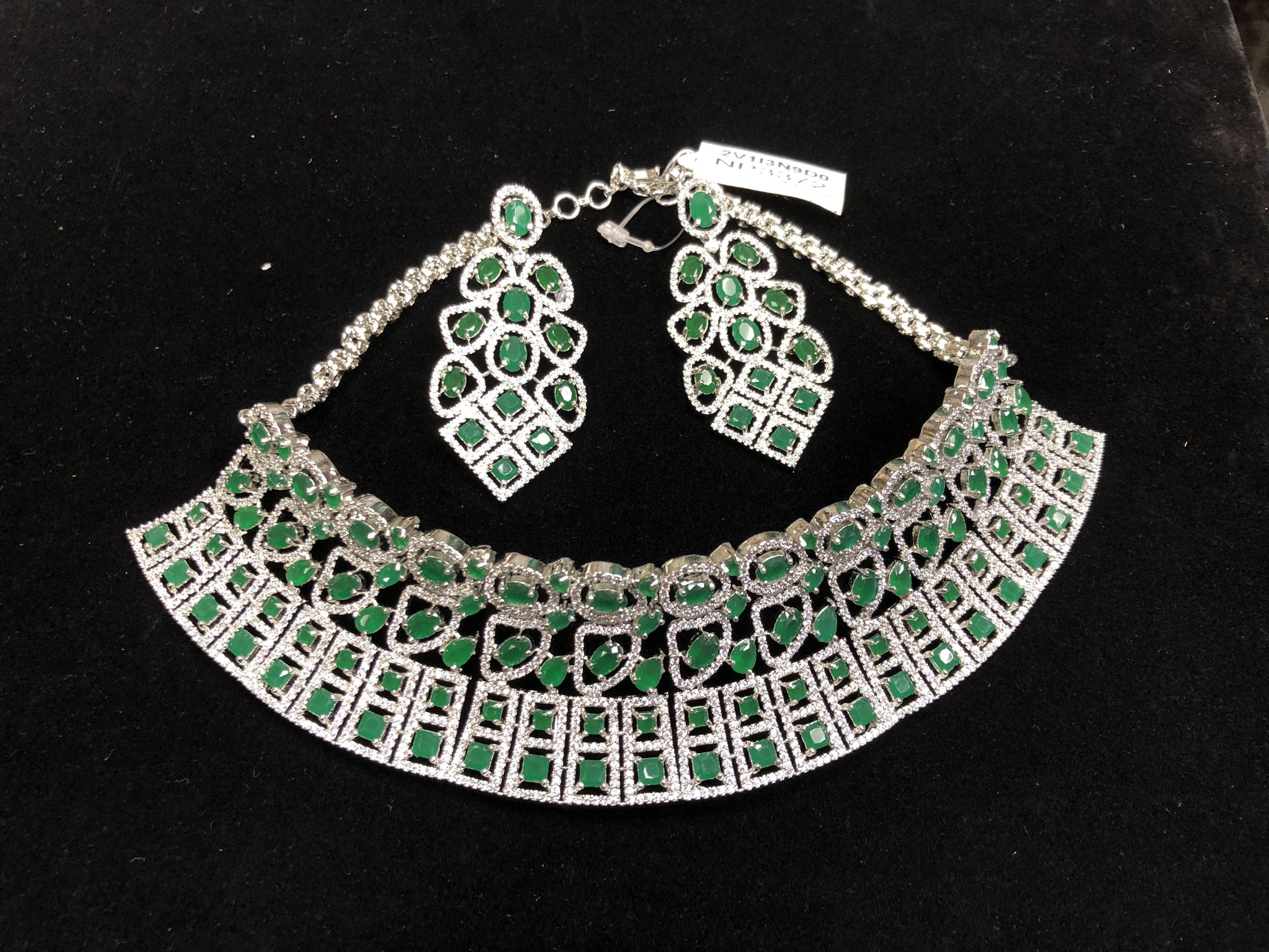Silver Plated Dark Green CZ Cubic Zirconia Designer Artificial American Diamond Indian Wedding Bridal Necklace Handmade Bijoux
