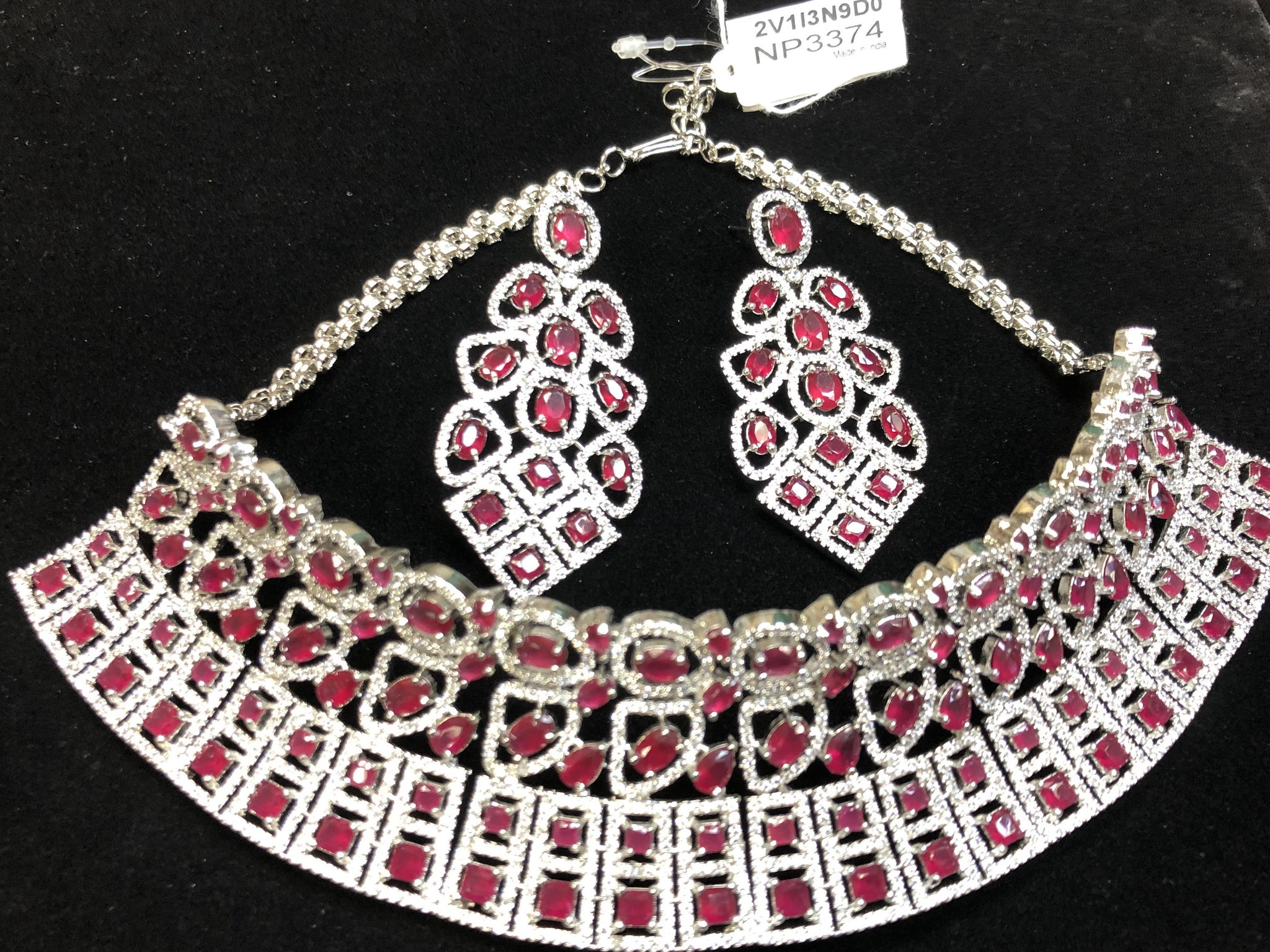 Silver Plated Ruby Red CZ Cubic Zirconia Designer Artificial American Diamond Indian Wedding Bridal Necklace Handmade Bijoux