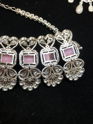 Silver Plated Pink CZ Cubic Zirconia Designer Artificial American Diamond Indian Wedding Bridal Necklace Handmade Bijoux