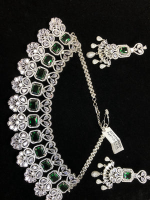 Silver Plated Dark Green CZ Cubic Zirconia Designer Artificial American Diamond Indian Wedding Bridal Necklace Handmade Bijoux
