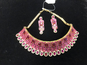 Gold Plated Red Ruby CZ Cubic Zirconia Designer Artificial American Diamond Indian Wedding Bridal Necklace Earrings Handmade Bijoux