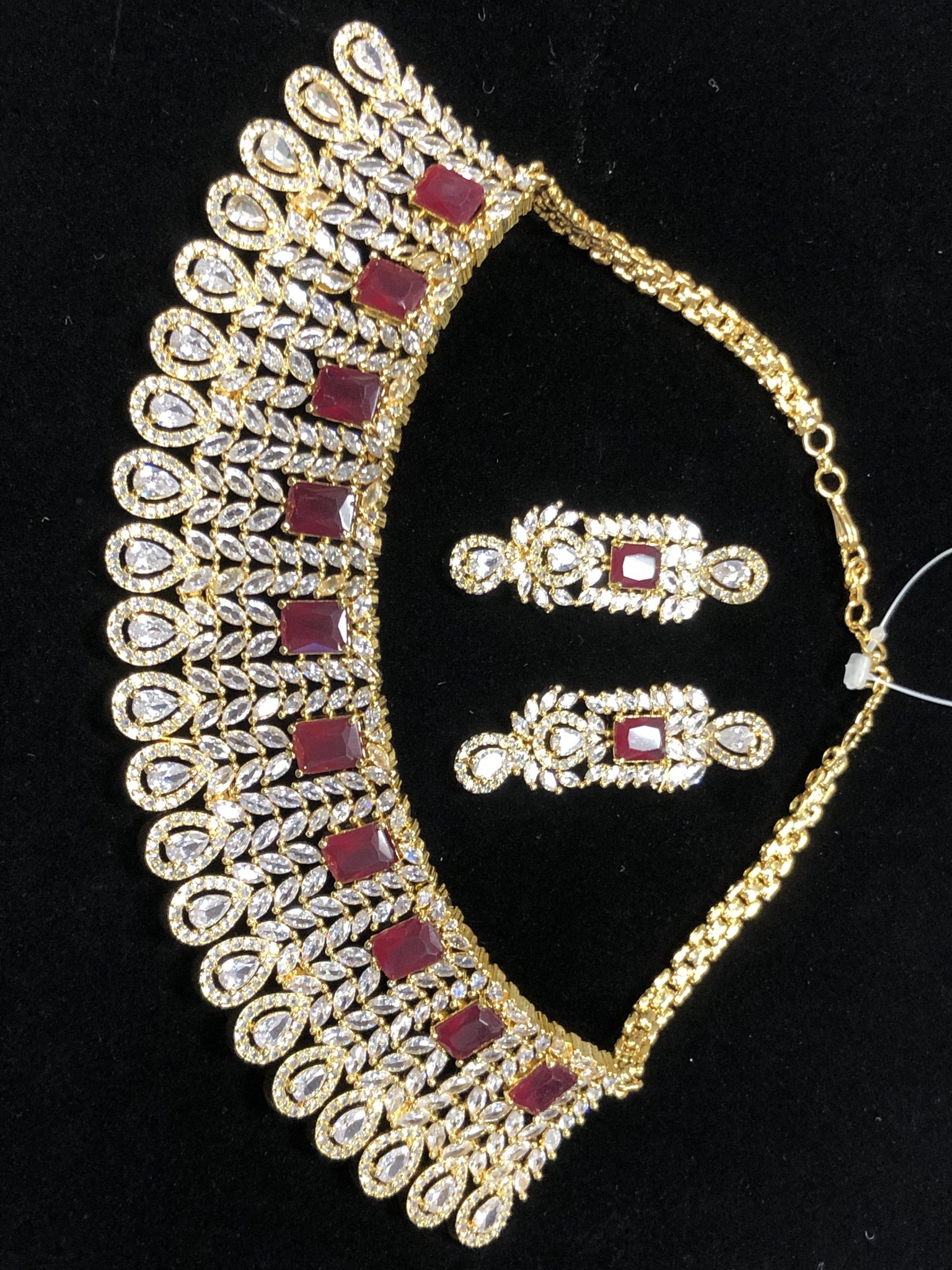 Gold Plated Red Ruby Designer CZ Cubic Zirconia Artificial American Diamond Indian Wedding Bridal Necklace Earrings Handmade Bijoux