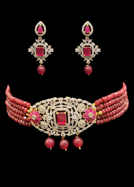 Gold Plated Ruby Red Beaded Indian Wedding Choker Mani Necklace Set Art nouveau Artificial Diamond CZ Cubic Zirconia Kundan Bijoux Wedding Bridal Necklace CMP 2572