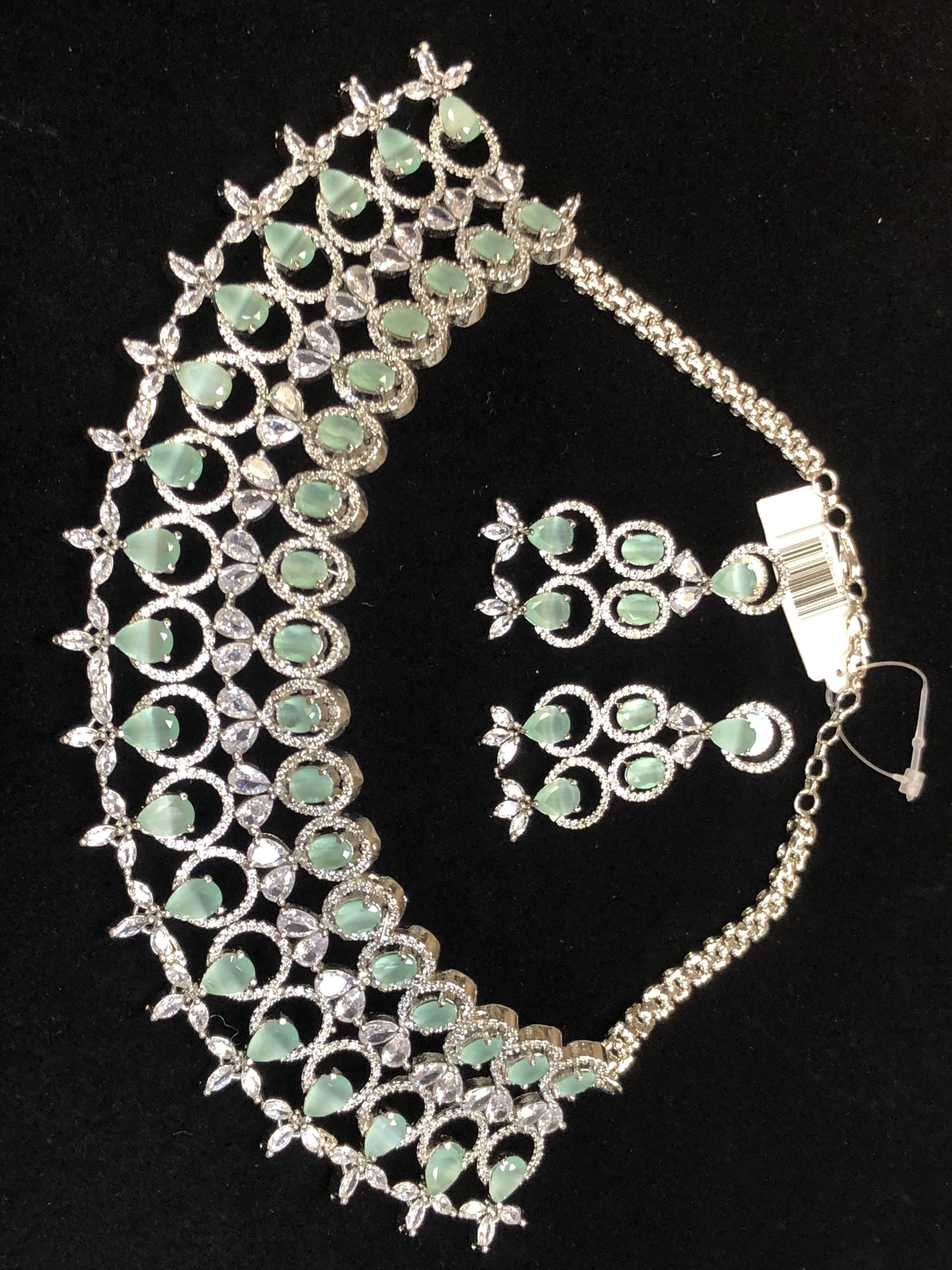 Silver Plated Mint Green CZ Cubic Zirconia Designer American Diamond Indian Wedding Bridal Necklace Handmade Bijoux