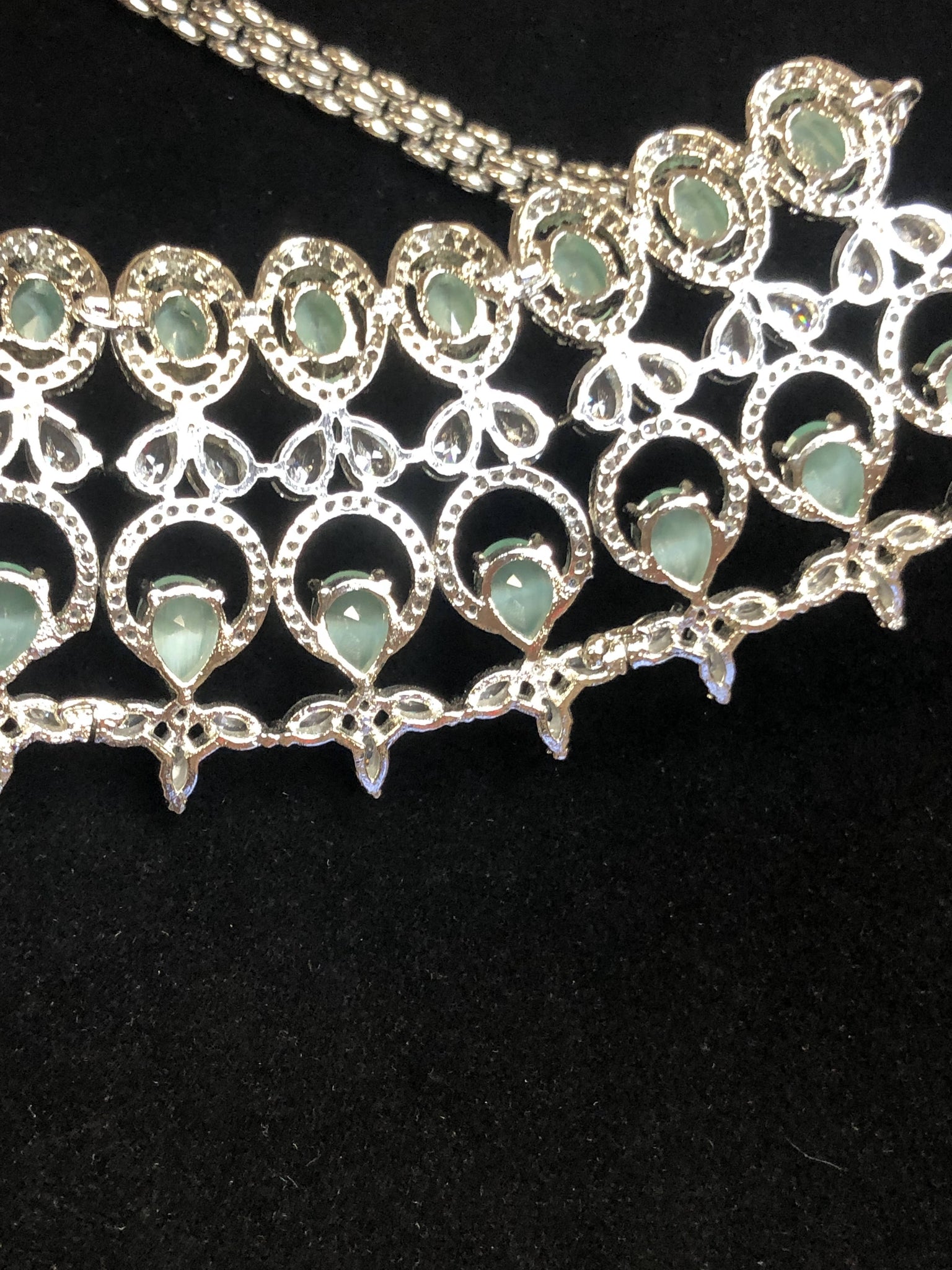 Silver Plated Mint Green CZ Cubic Zirconia Designer American Diamond Indian Wedding Bridal Necklace Handmade Bijoux