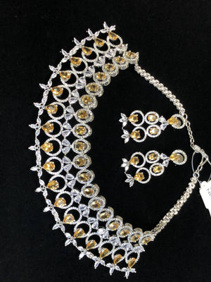 Silver Plated Citrine Champagne CZ Cubic Zirconia Designer Artificial American Diamond Indian Wedding Bridal Necklace Handmade Bijoux