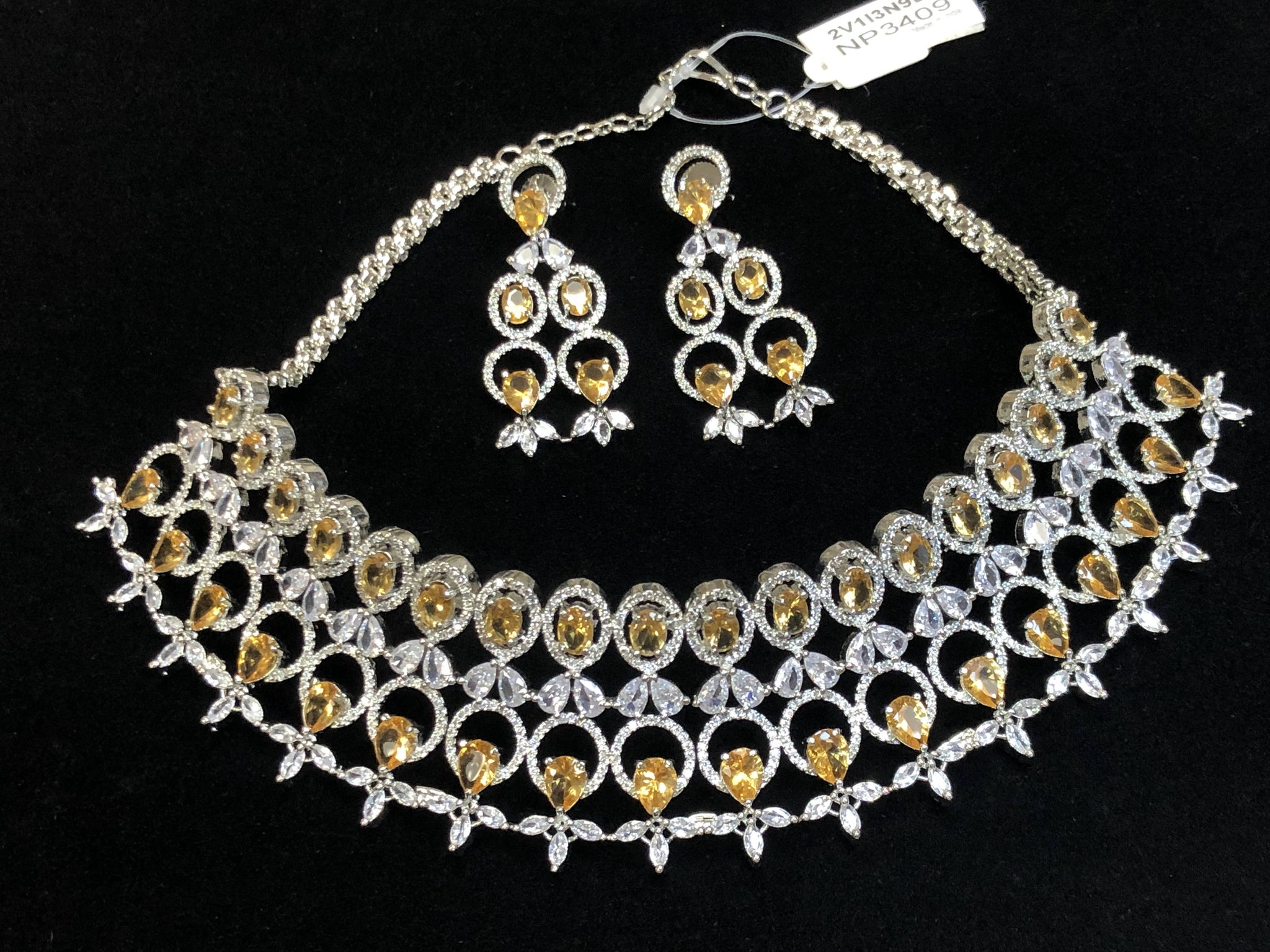 Silver Plated Citrine Champagne CZ Cubic Zirconia Designer Artificial American Diamond Indian Wedding Bridal Necklace Handmade Bijoux
