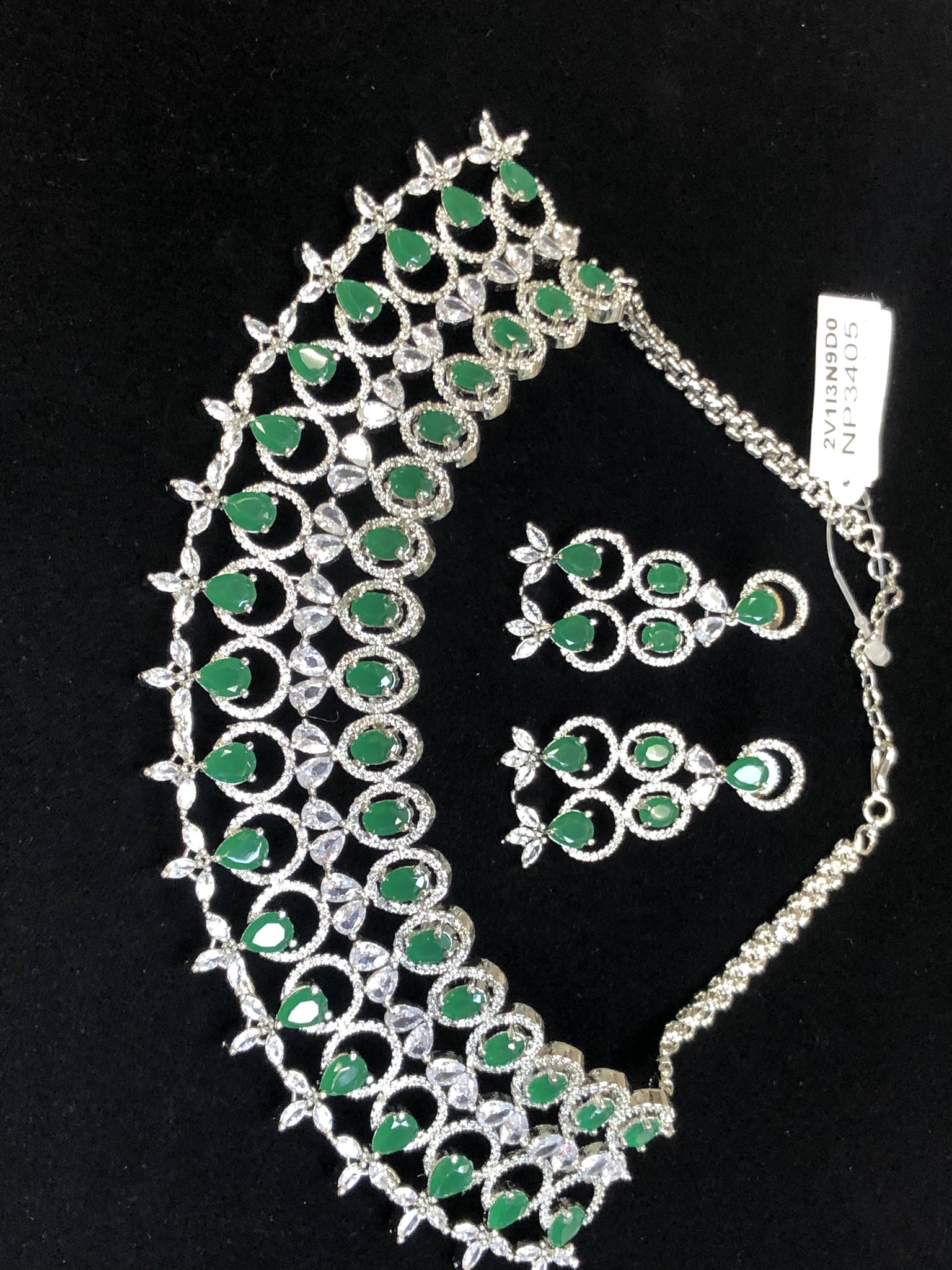 Silver Plate Dark Green CZ Cubic Zirconia Designer Artificial American Diamond Indian Wedding Bridal Necklace Handmade Bijoux